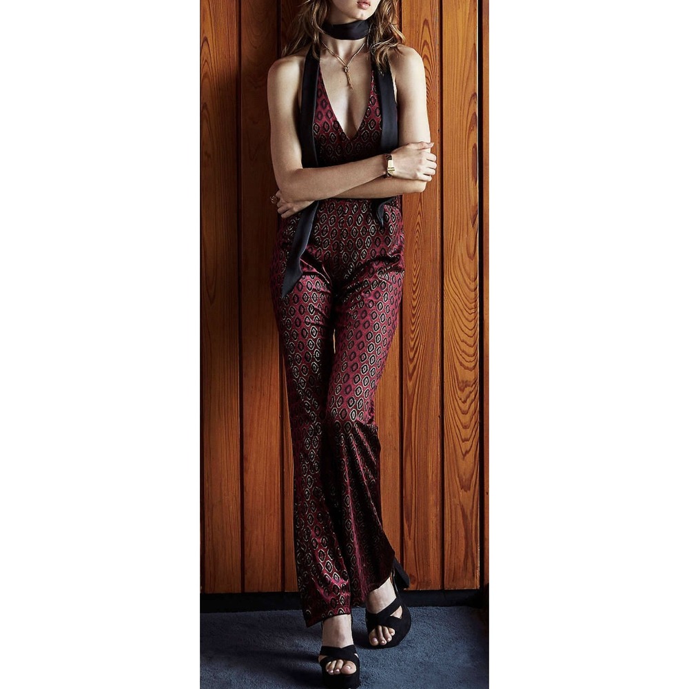 Motel Rocks Baby Jumpsuit Coin Maroon Halter Wide Leg Small
